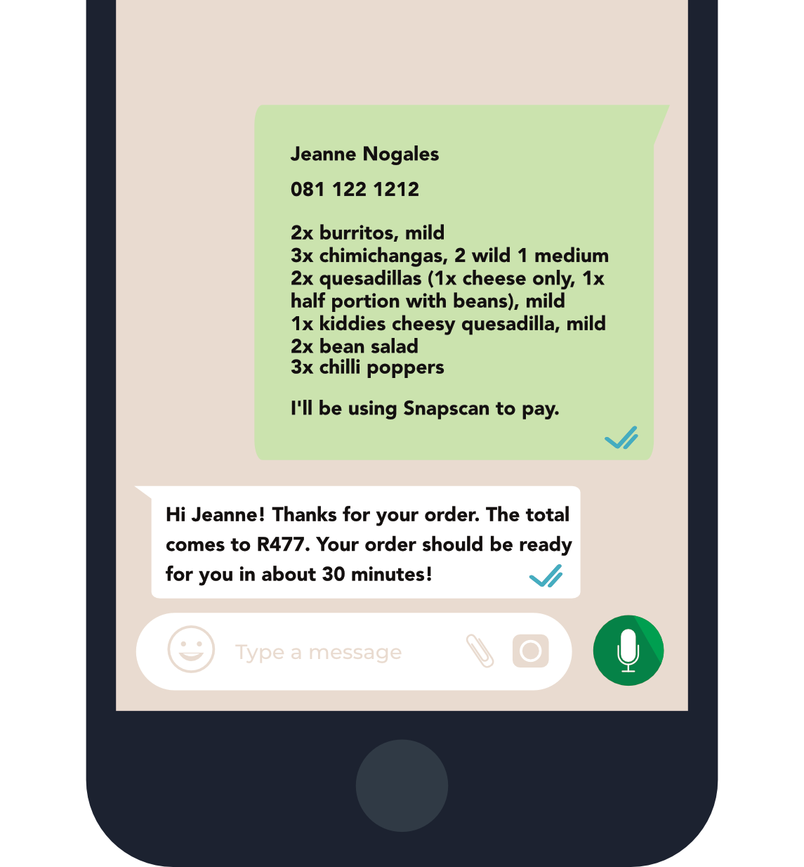 Vector image of a mobile phone with WhatsApp order message and reply.