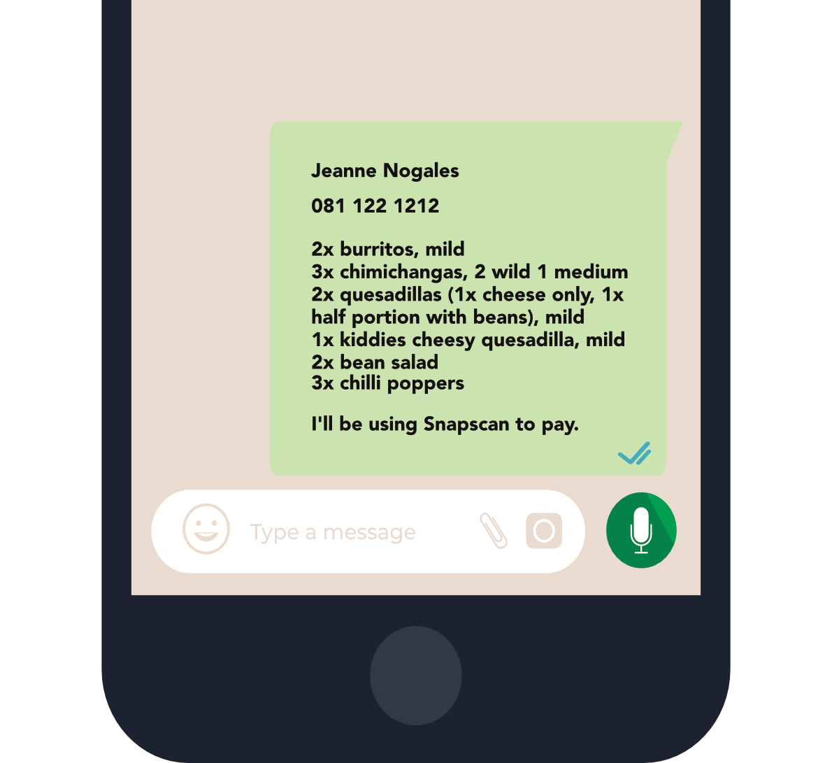 Vector image of mobile phone with WhatsApp message ordering pizza and other products from Giuseppe's Pizzeria