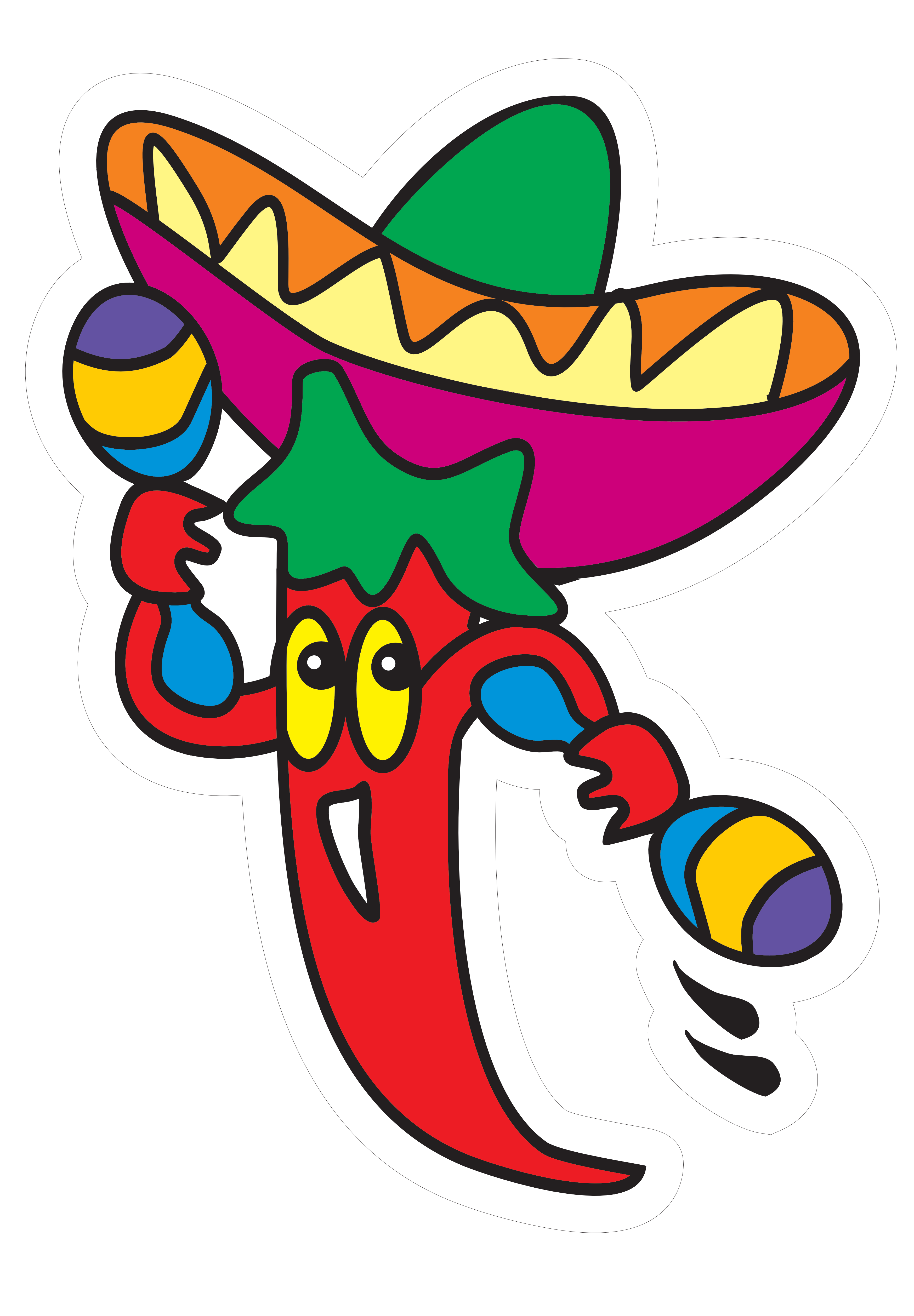Vector image of a dancing chilli pepper with a sombrero and marracas.