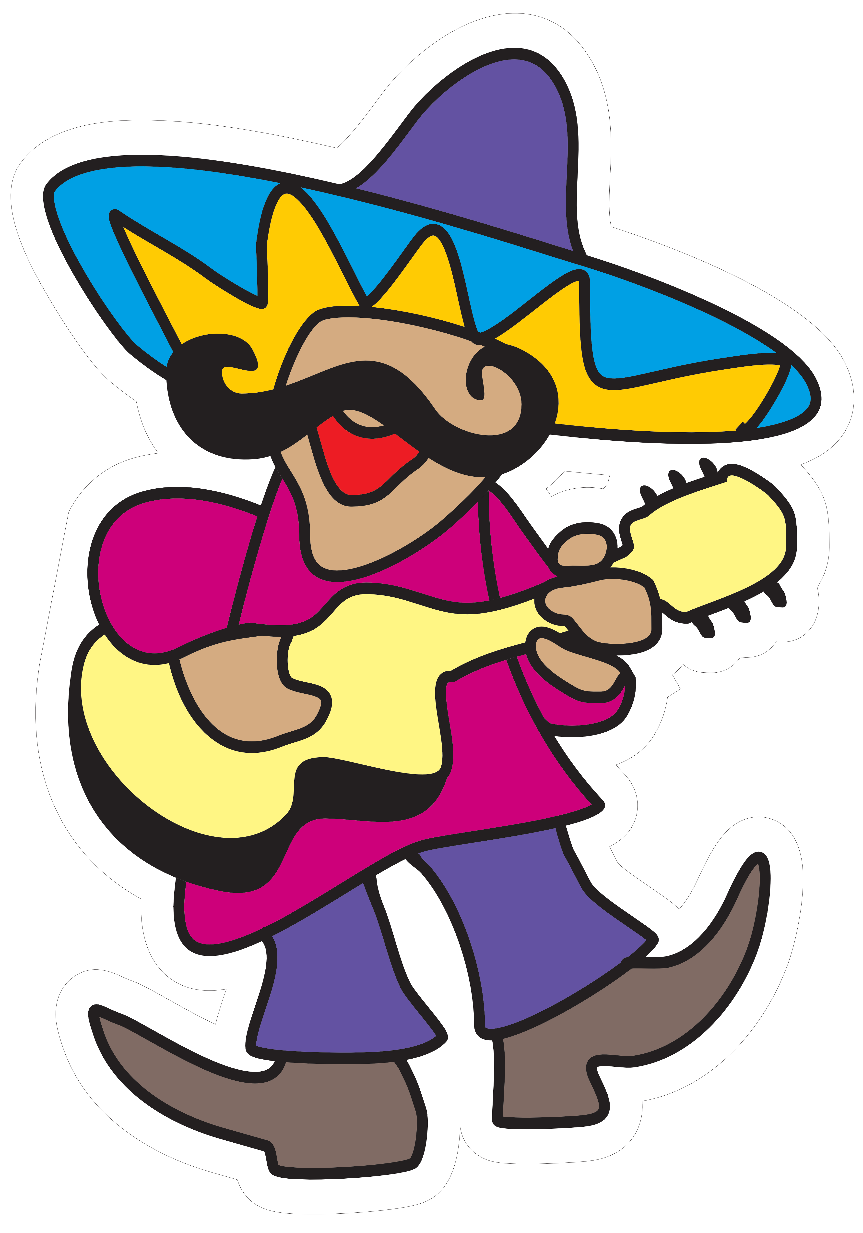 Colourful vector drawing of a Mexican man with a large sombrero playing a ukelele.